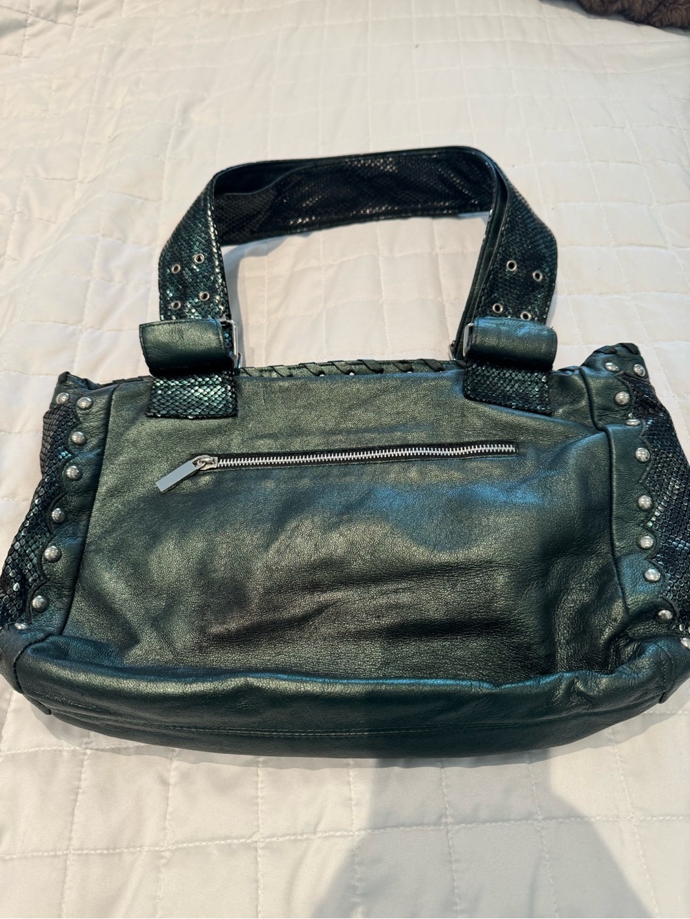 Treesje Dark Metallic Green Leather Tote Handbag